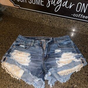 American Eagle Outfitters Women's Lace Trim Jean Shorts - Blue